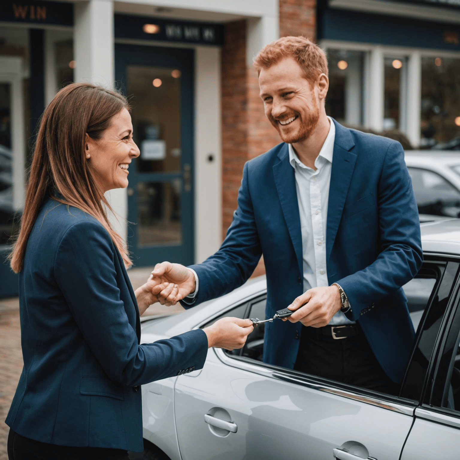 Imagen de un cliente sonriente recibiendo las llaves de su nuevo coche de un representante de Win & Win.